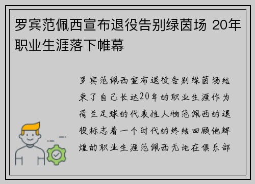 罗宾范佩西宣布退役告别绿茵场 20年职业生涯落下帷幕 罗宾范佩西宣布退役告别绿茵场 20年职业生涯落下帷幕